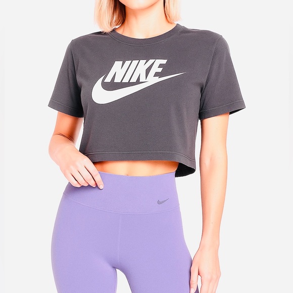 Nike Crop Top Tshirt Dark Gray White Swoosh Logo Size Large - Picture 1 of 5